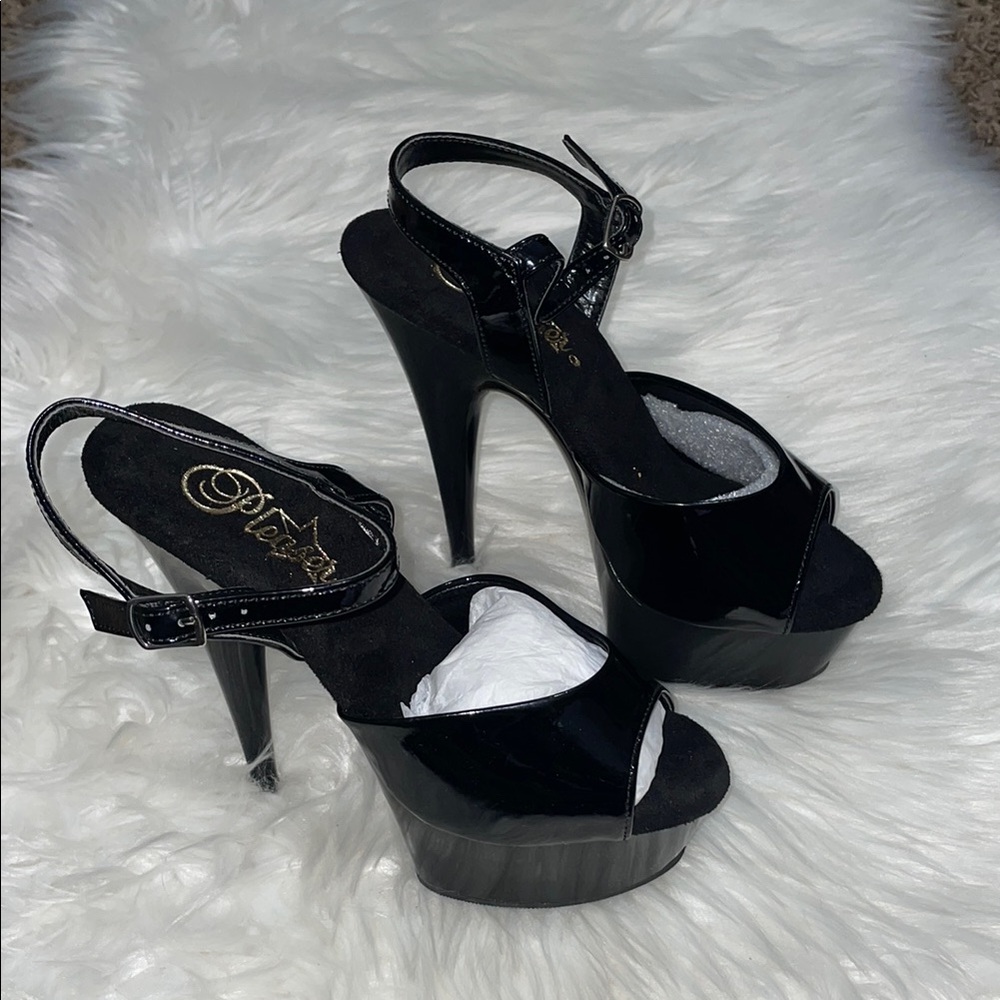 Pleaser Adore-709 Wet Look Black Platform Heels - Picture 2 of 6